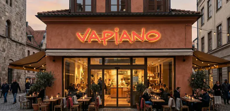 Vapiano Logo Leuchtschild Außenreklame Fassade LED Leuchtreklame