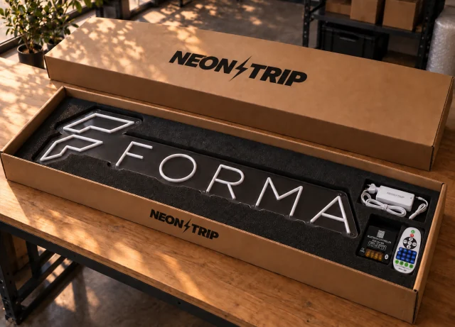 Versandfertiges LED-Neonschild mit Netzteil und Fernbedienung in der NEONTRIP-Verpackung